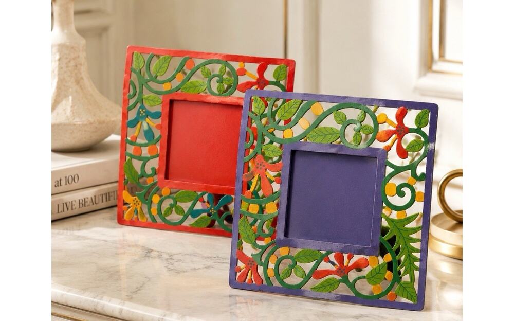 Set of 2 Hand Painted Floral Metal Picture Frames 12” Boho Folk Art Decor